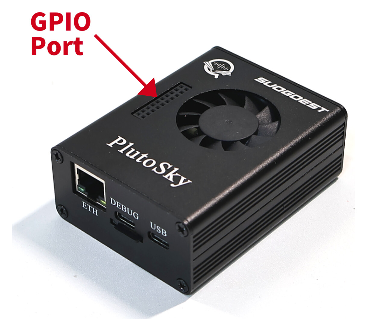 The PlutoSky R1 in its black aluminium case, ports end: an RJ45 Ethernet jack labelled ETH and two USB-C sockets labelled DEBUG and USB