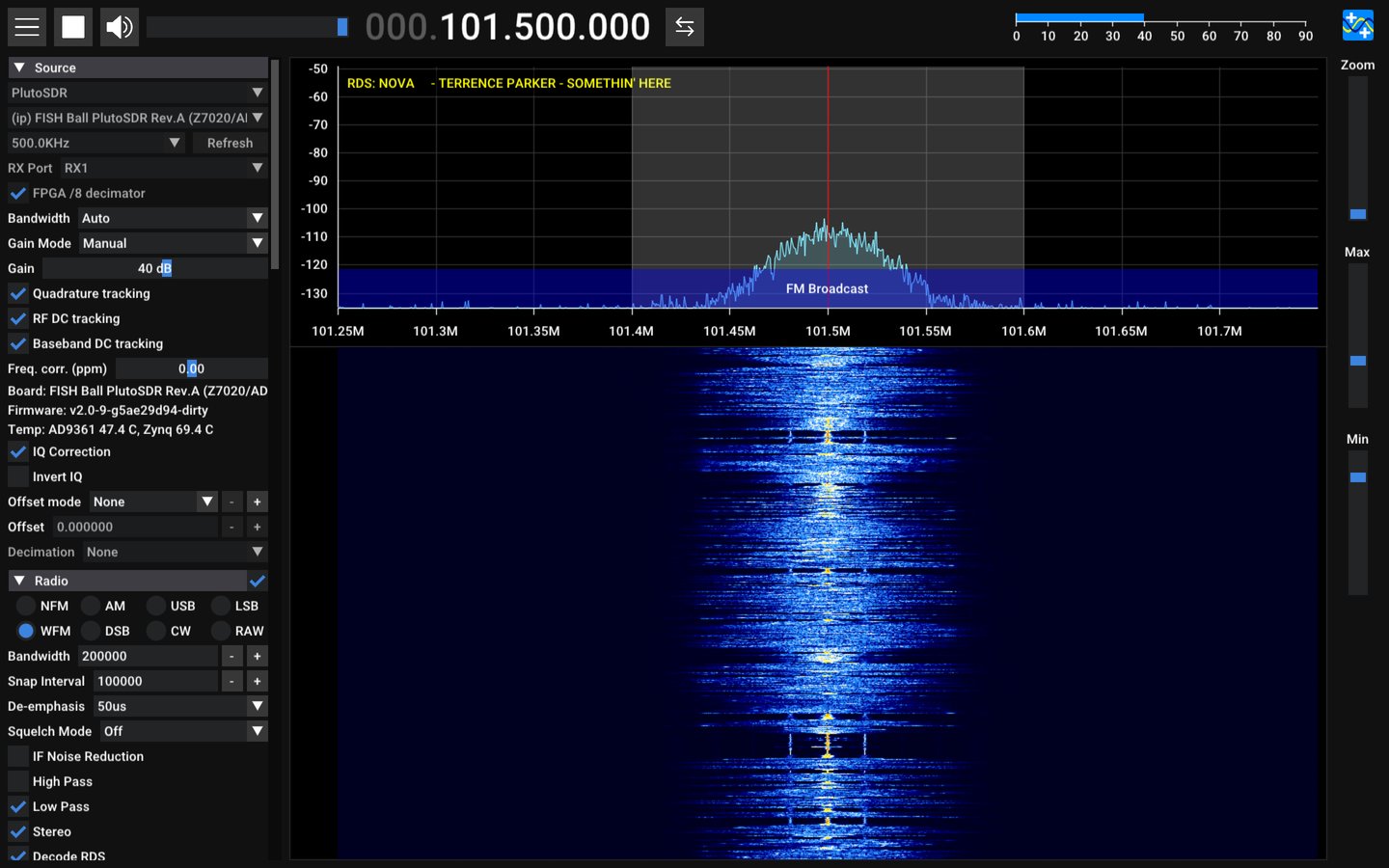 SDR++ at 500 kHz with the FPGA /8 decimator on, centred on Radio Nova at 101.5 MHz: one FM station fills the spectrum, with its RDS text decoded.