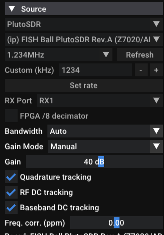 The patched PlutoSDR source panel: RX Port, FPGA /8 decimator, Bandwidth, Gain Mode, Gain, Quadrature tracking, RF DC tracking, Baseband DC tracking, Freq. corr. (ppm), and the status lines Board, Firmware and Temp.